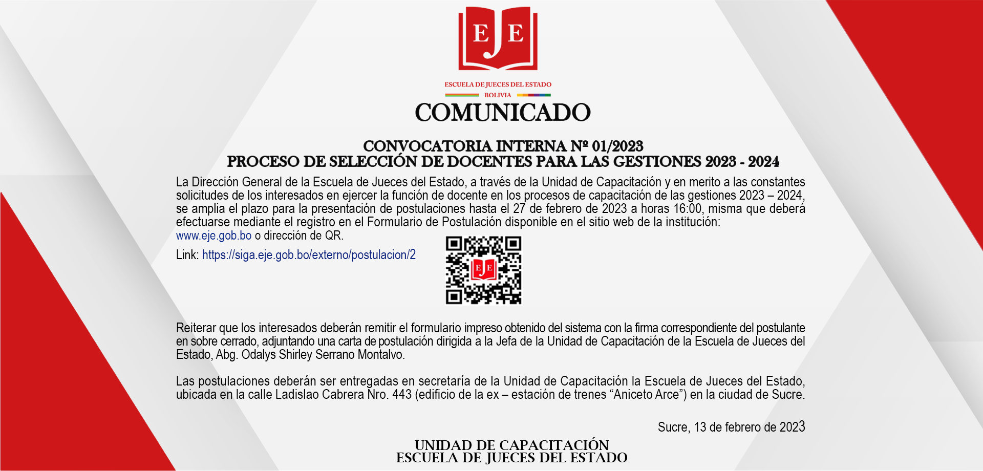 COMUNICADO CONVOCATORIA INTERNA Nº 01/2023 SELECCION DOCENTES
