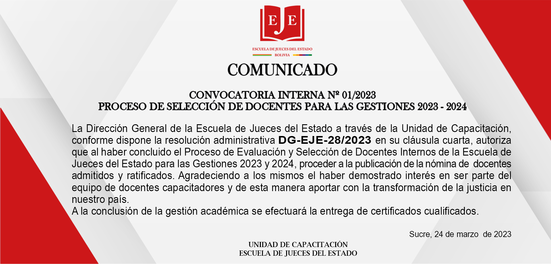 COMUNICADO CONVOCATORIA INTERNA 01/2023 PROCESO DE SELECCIÓN DE DOCENTES PARA LAS GESTIONES 2023 - 2024
