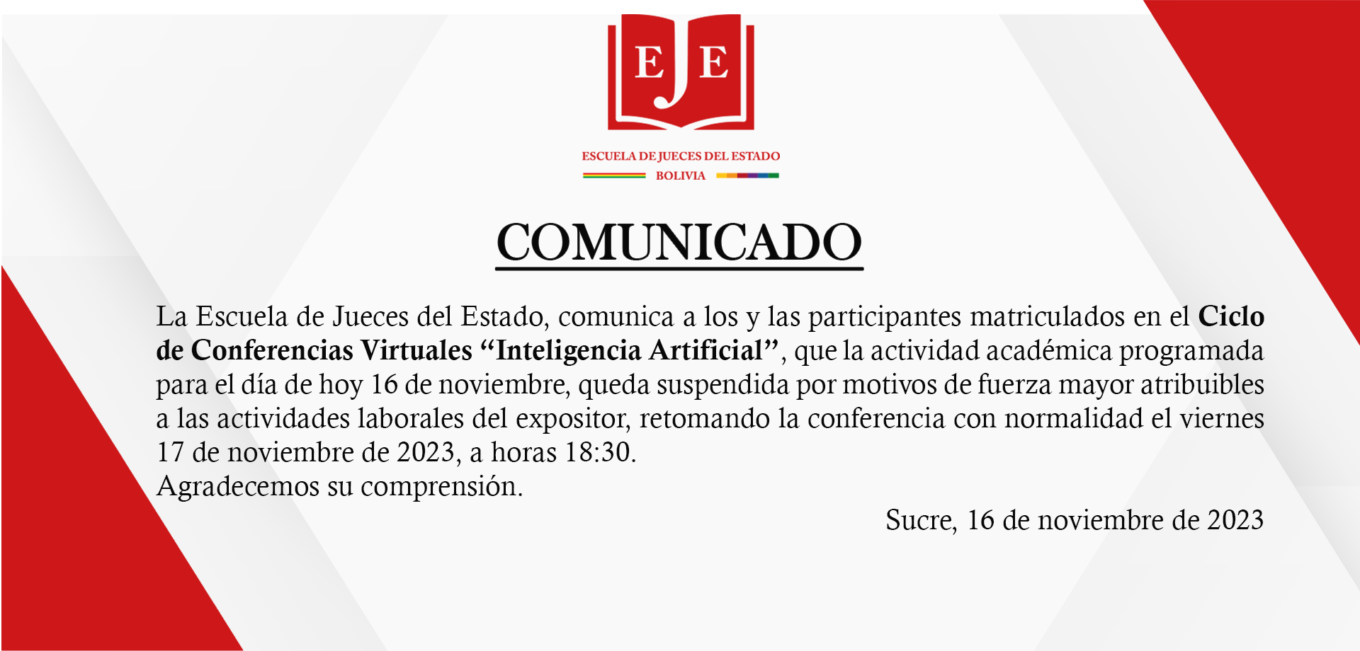 COMUNICADO SUSPENSIÓN ACTIVIDAD ACADÉMICA